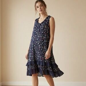 Papillon Navy Cycle Print Ruffle Dress  Medium Fairy Boho Sleeveless Party